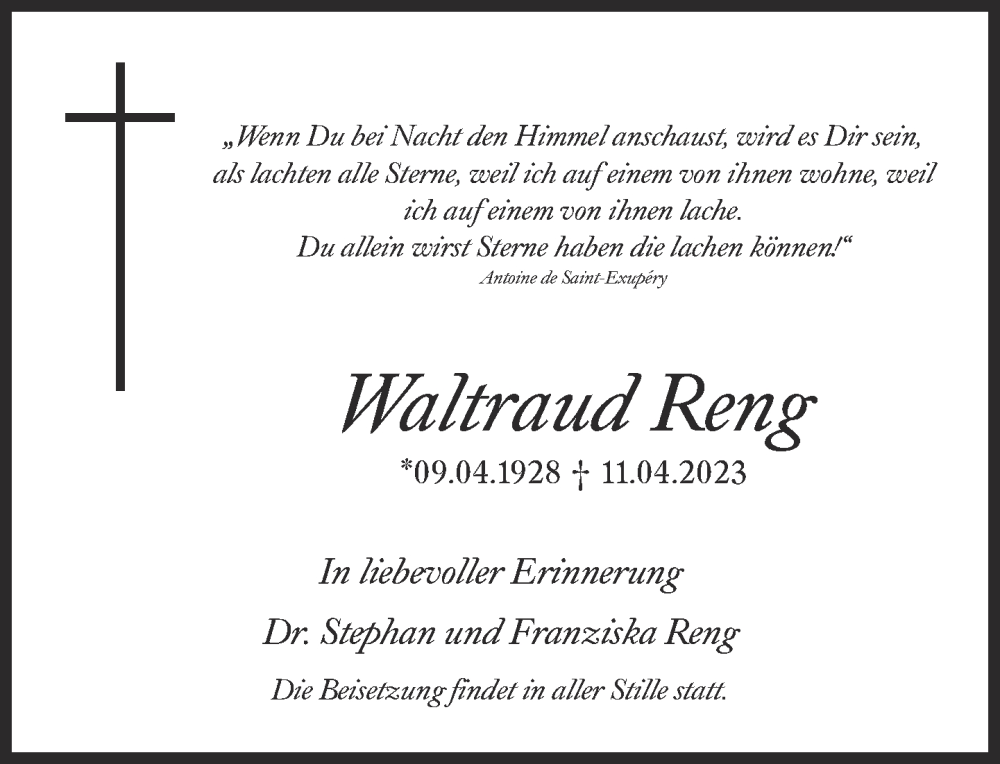  Traueranzeige für Waltraud Reng vom 22.04.2023 aus Süddeutsche Zeitung