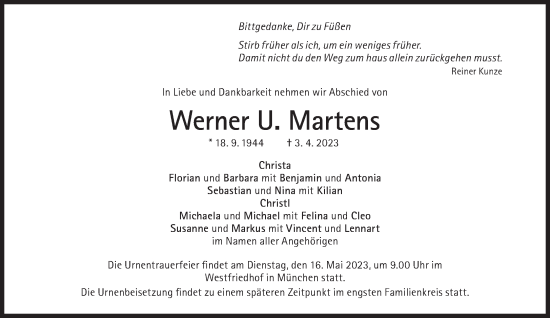 Traueranzeige von Werner U. Martens von Süddeutsche Zeitung