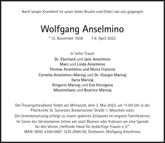 Traueranzeige von Wolfgang Anselmino von Süddeutsche Zeitung
