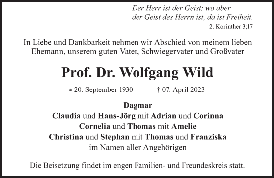 Traueranzeige von Wolfgang Wild von Süddeutsche Zeitung