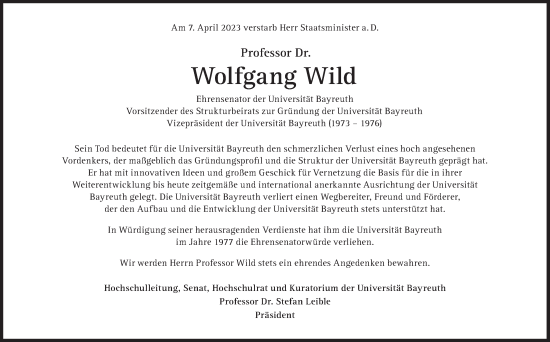 Traueranzeige von Wolfgang Wild von Süddeutsche Zeitung