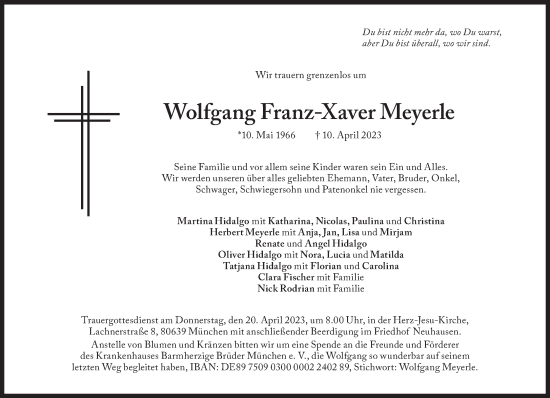 Traueranzeige von Wolfgang Franz-Xaver Meyerle von Süddeutsche Zeitung