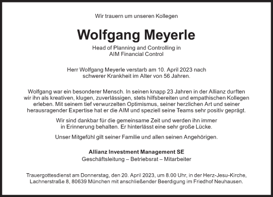Traueranzeige von Wolfgang Franz-Xaver Meyerle von Süddeutsche Zeitung