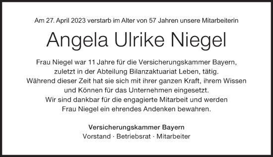 Traueranzeige von Angela Ulrike Niegel  von Süddeutsche Zeitung