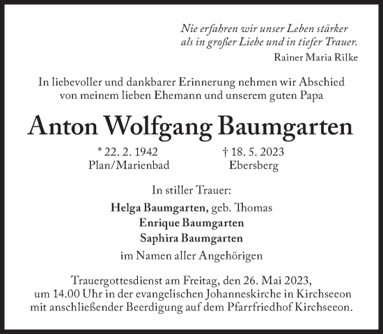 Traueranzeige von Anton Wolfgang Baumgarten von Süddeutsche Zeitung