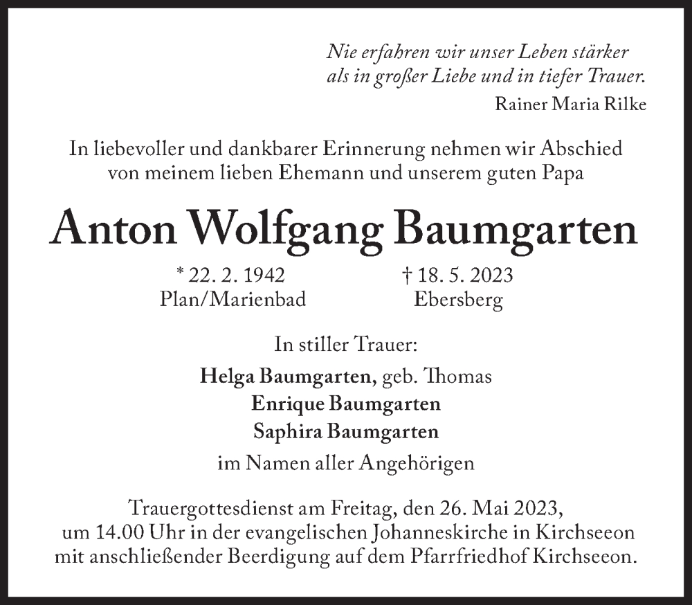  Traueranzeige für Anton Wolfgang Baumgarten vom 23.05.2023 aus Süddeutsche Zeitung