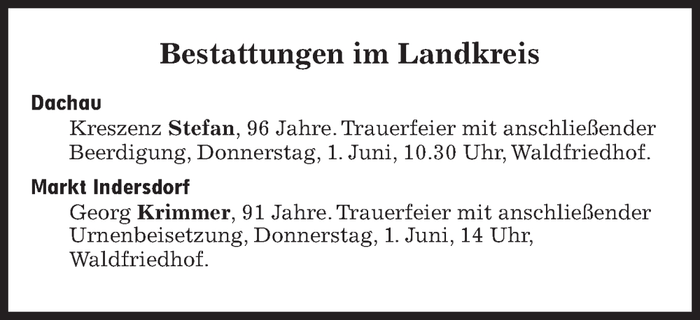  Traueranzeige für Bestattungen vom 01.06.2023 vom 01.06.2023 aus Süddeutsche Zeitung