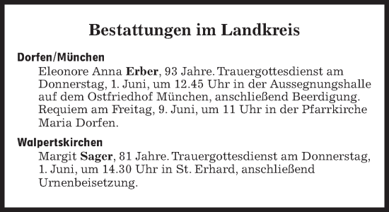 Traueranzeige von Bestattungen vom 01.06.2023 von Süddeutsche Zeitung