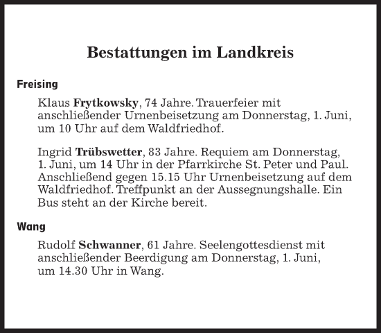 Traueranzeige von Bestattungen vom 01.06.2023 von Süddeutsche Zeitung
