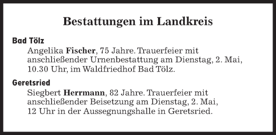 Traueranzeige von Bestattungen vom 02.05.2023 von Süddeutsche Zeitung