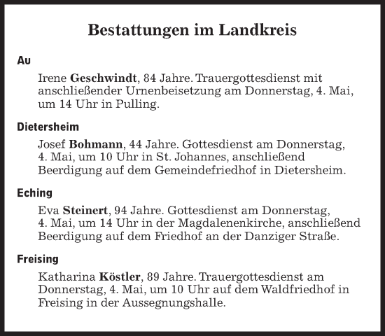 Traueranzeige von Bestattungen vom 04.05.2023 von Süddeutsche Zeitung