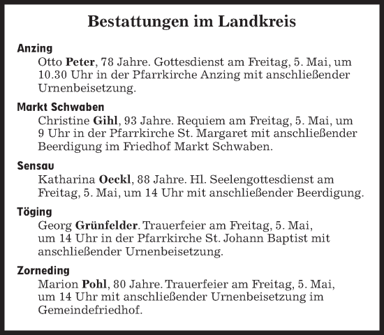 Traueranzeige von Bestattungen vom 05.05.2023 von Süddeutsche Zeitung