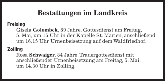 Traueranzeige von Bestattungen vom 05.05.2023 von Süddeutsche Zeitung