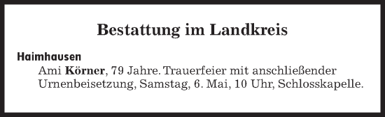 Traueranzeige von Bestattungen vom 06.05.2023 von Süddeutsche Zeitung