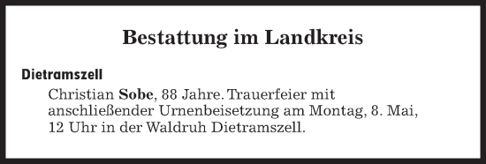 Traueranzeige von Bestattungen vom 08.05.2023 von Süddeutsche Zeitung