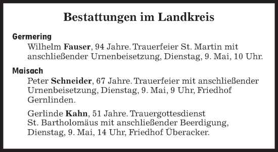 Traueranzeige von Bestattungen vom 09.05.2023 von Süddeutsche Zeitung