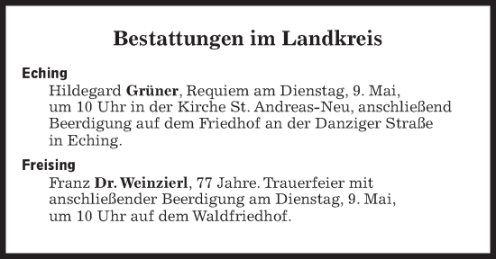 Traueranzeige von Bestattungen vom 09.05.2023 von Süddeutsche Zeitung