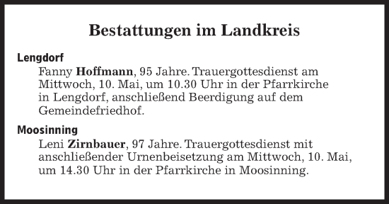 Traueranzeige von Bestattungen vom 10.05.2023 von Süddeutsche Zeitung