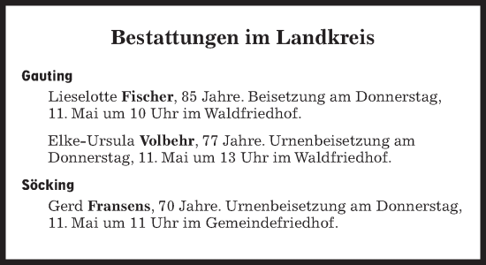 Traueranzeige von Bestattungen vom 11.05.2023 von Süddeutsche Zeitung