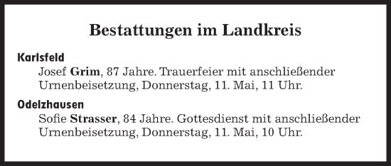 Traueranzeige von Bestattungen vom 11.05.2023 von Süddeutsche Zeitung