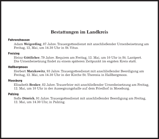 Traueranzeige von Bestattungen vom 12.05.2023 von Süddeutsche Zeitung