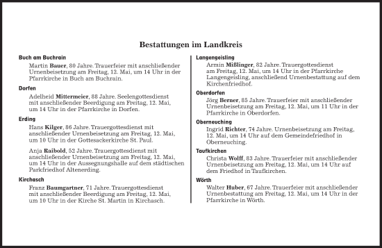 Traueranzeige von Bestattungen vom 12.05.2023 von Süddeutsche Zeitung