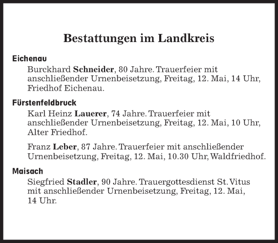 Traueranzeige von Bestattungen vom 12.05.2023 von Süddeutsche Zeitung