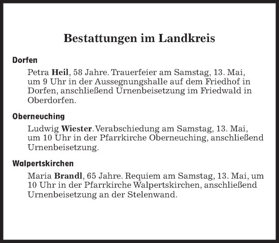 Traueranzeige von Bestattungen vom 13.05.2023 von Süddeutsche Zeitung