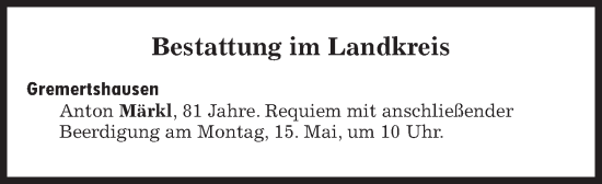 Traueranzeige von Bestattungen vom 15.05.2023 von Süddeutsche Zeitung