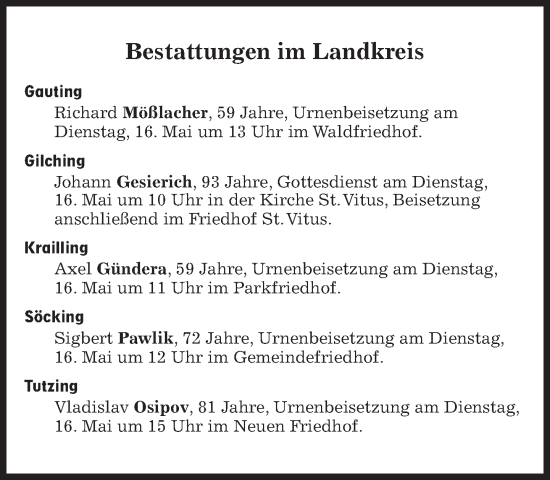 Traueranzeige von Bestattungen vom 16.05.2023 von Süddeutsche Zeitung