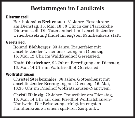 Traueranzeige von Bestattungen vom 16.05.2023 von Süddeutsche Zeitung