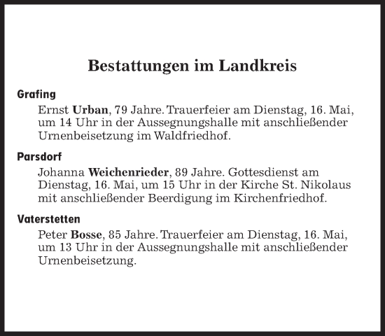 Traueranzeige von Bestattungen vom 16.05.2023 von Süddeutsche Zeitung