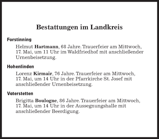 Traueranzeige von Bestattungen vom 17.05.2023 von Süddeutsche Zeitung