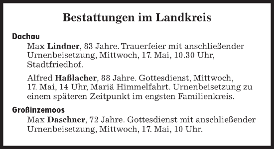 Traueranzeige von Bestattungen vom 17.05.2023 von Süddeutsche Zeitung