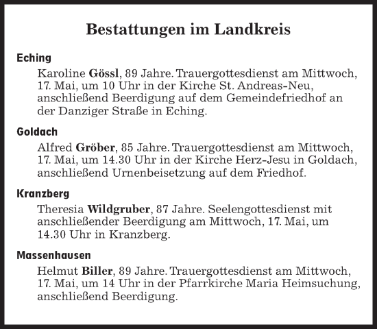 Traueranzeige von Bestattungen vom 17.05.2023 von Süddeutsche Zeitung