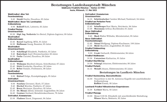 Traueranzeige von Bestattungen vom 17.05.2023 von Süddeutsche Zeitung