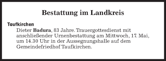 Traueranzeige von Bestattungen vom 17.05.2023 von Süddeutsche Zeitung