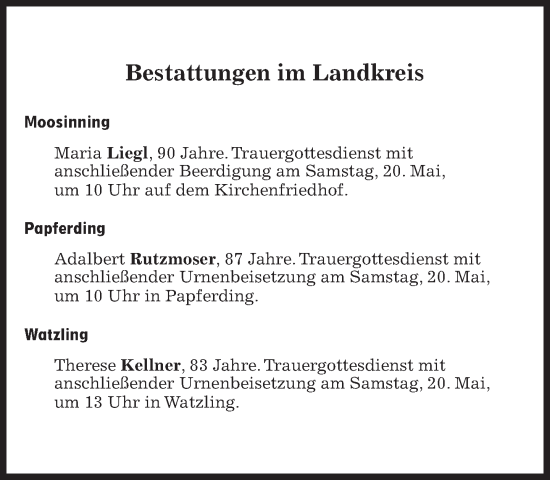 Traueranzeige von Bestattungen vom 20.05.2023 von Süddeutsche Zeitung