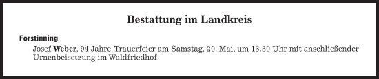 Traueranzeige von Bestattungen vom 20.05.2023 von Süddeutsche Zeitung