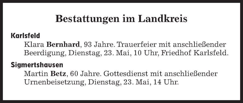  Traueranzeige für Bestattungen vom 23.05.2023 vom 23.05.2023 aus Süddeutsche Zeitung