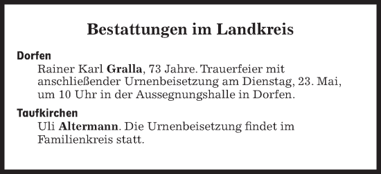 Traueranzeige von Bestattungen vom 23.05.2023 von Süddeutsche Zeitung