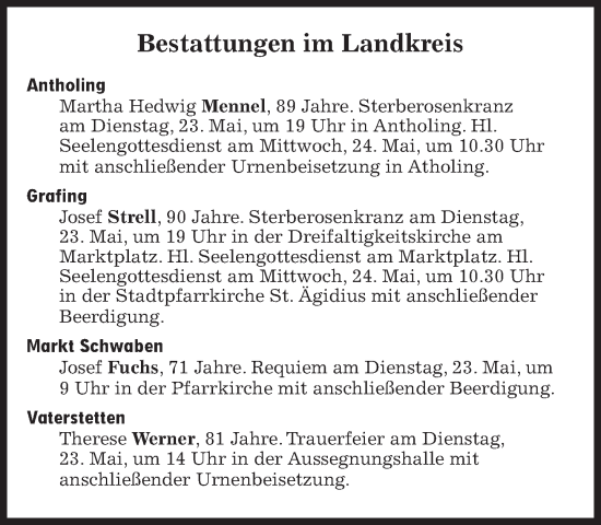 Traueranzeige von Bestattungen vom 23.05.2023 von Süddeutsche Zeitung