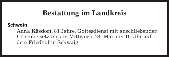 Traueranzeige von Bestattungen vom 24.05.2023 von Süddeutsche Zeitung