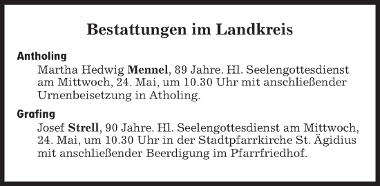 Traueranzeige von Bestattungen vom 24.05.2023 von Süddeutsche Zeitung