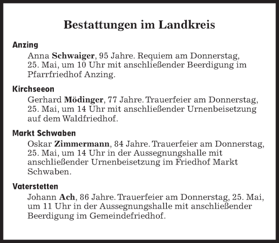 Traueranzeige von Bestattungen vom 25.05.2023 von Süddeutsche Zeitung