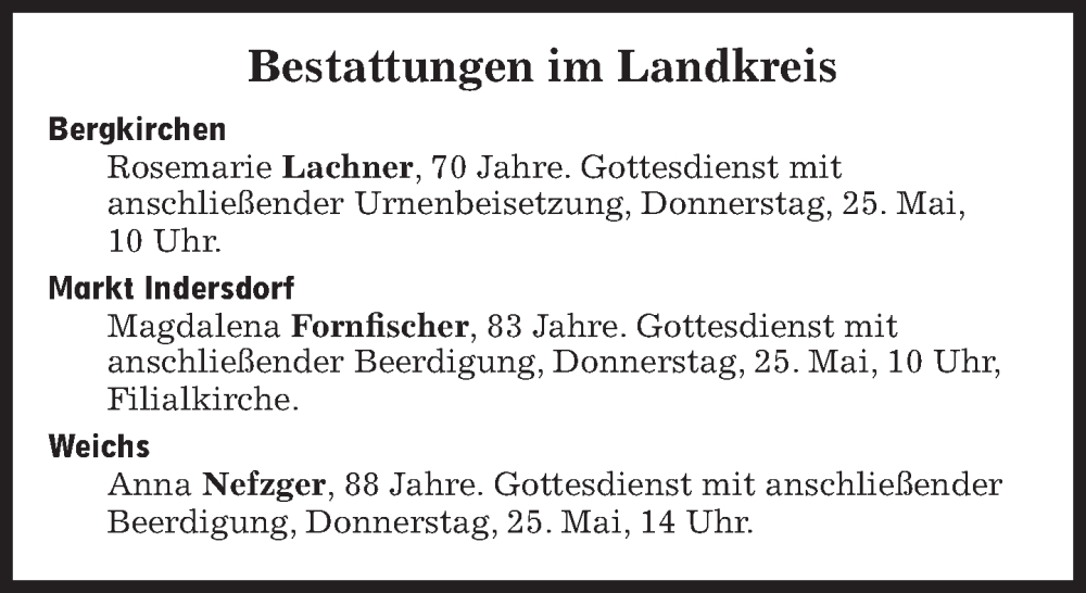  Traueranzeige für Bestattungen vom 25.05.2023 vom 25.05.2023 aus Süddeutsche Zeitung