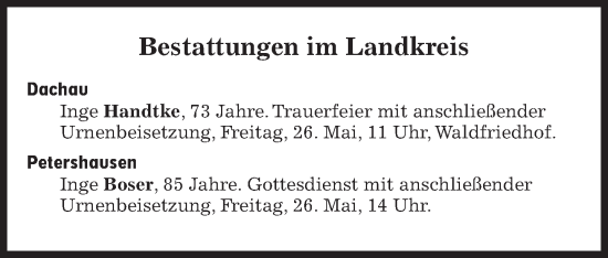 Traueranzeige von Bestattungen vom 26.05.2023 von Süddeutsche Zeitung