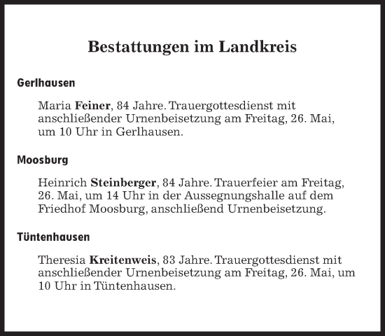 Traueranzeige von Bestattungen vom 26.05.2023 von Süddeutsche Zeitung