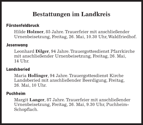 Traueranzeige von Bestattungen vom 26.05.2023 von Süddeutsche Zeitung