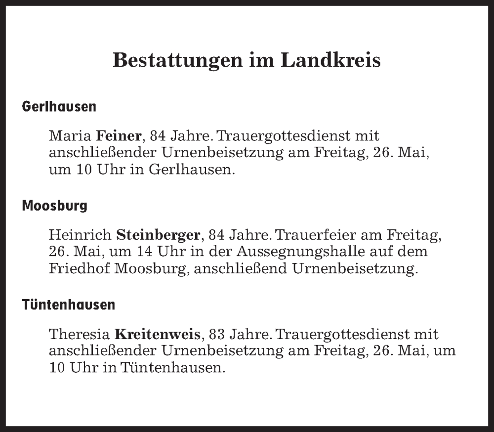  Traueranzeige für Bestattungen vom 26.05.2023 vom 26.05.2023 aus Süddeutsche Zeitung